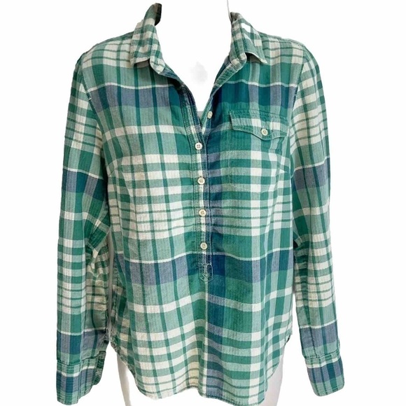 J. Crew plaid flannel button pullover long sleeve top green blue size small - Picture 1 of 7